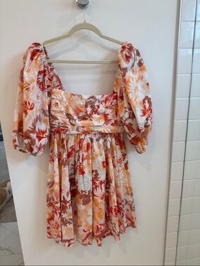 Floral Puff-Sleeve Square-Neck Mini Dress - Peach Multi